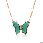 925 Ayar Gümüş Rose Yeşil Cam Kelebek Kolye