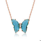 925 Ayar Gümüş Rose Turkuaz Cam Kelebek Kolye