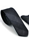 Gri Siyah Ekose Desenli Dokuma Kumaş Mendilli Slim Fit Kravat  / SDK-220707
