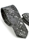 Siyah Beyaz Motif Desenli Gri Dokuma Kumaş Mendilli Slim Fit Kravat  / SDK-220711