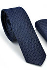 Beyaz Noktalı Verev Çizgili Lacivert Dokuma Kumaş Mendilli Slim Fit Kravat  / SDK-220713