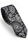 Beyaz Şal Desenli Siyah Dokuma Kumaş Mendilli Slim Fit Kravat  / SDK-230206