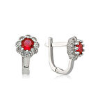 Gümüş Kırmızı Çiçek Desenli Yuvarlak J Kadın Küpe