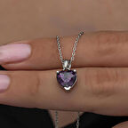 925 Ayar Gümüş Mor Taşlı Kalpli Kadın Kolye