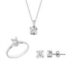 Beyaz Altın Tektaş 3'lü Takı Seti 14K Gold