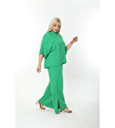 Büyük Beden Yandan Yırtmaçlı Rahat İkili Takım Pantolonlu Şık Alt-Üst Takım Yeşil