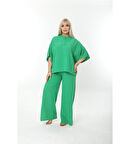 Büyük Beden Yandan Yırtmaçlı Rahat İkili Takım Pantolonlu Şık Alt-Üst Takım Yeşil