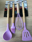 Kuka 4'lü Silikon Set Bambu Saplı Spatula Çırpıcı Fırça ve Kepçe Fuşya Renk