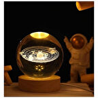 Dekoratif Gezegen Tasarımlı Ahşap Altlıklı Işıklı Cam Küre Cam:6cm Ahşap:2cm