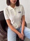 Kadın Polo Yaka Düğmeli Saç Örgü Desenli Kısa Kollu Triko Bluz