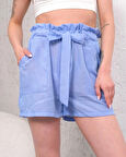 Kuşaklı Keten Şort Mavi S255265