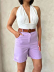 Kemerli Gabardin Şort Lila S25735
