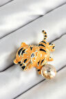 Tegan Zirkon Taşlı Siyah Çizgili Turuncu Kaplan Figürlü Gold Renk Kadın Broş TG27BR455