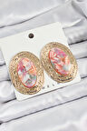 Pirinç Mermer Desenlli Pembe Sedef Oval Vintage Model Gold Renk Kadın Küpe - TJ-BKP10779