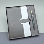 Gri Kutulu Deri Defter Roller Kalem Set