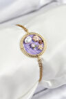 316L Çelik Zincir Mor Mineli Sanatsal Portre İnci Detaylı Çiçek Model Gold Renk Kadın Bileklik - TJ-BB7228