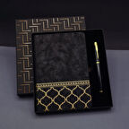 Gold Desen Siyah Deri Defter Kalem Set