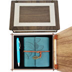 Özel Ahşap Kutulu Mavi Deri Defter ve Kalem Set