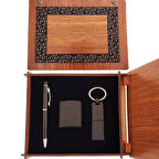 Ahşap Kutulu Siyah Kalem Anahtarlık ve Mat Çakmak Seti