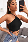 Kadın Siyah Sırtı Açık Boyundan Çapraz Bağlamalı Crop Top Bluz