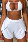 Kadın Beyaz Yırtmaçlı Etek Görünümlü Şık Deniz Şortu