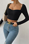 Kadın Siyah Uzun Kol Göğüs Dekolteli Şık Crop Top Bluz