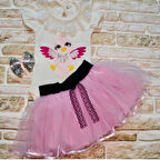 9-12-18 Ay Toka Hediyeli Kuş Desenli Tişört Tütü Etek 2li Kız Bebek Takımı Lila