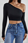 Kadın Siyah Tek Omuz Detaylı Uzun Kol Crop Top Bluz