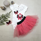 9-12-18 Ay Payetli Kelebek Nakışlı Taçlı Kısa Kollu Tütü Etek 3lü Kız Bebek Takımı Nar Çiçeği