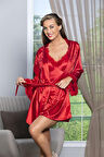 Kuşaklı Mini Boy Saten Sabahlık Kırmızı (brf11500)