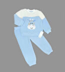 1-2-3 Yaş Ponponlu Zürafa Desenli Kuzu Kumaş Uzun Kollu 2li Kız Erkek Çocuk Takımı Mavi