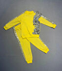 1-2-3 Yaş Payetli Pelüş Tavşan Desenli Likra Penye Kumaş Sweat Pantolonlu Kız 2li Çocuk Takımı Sarı