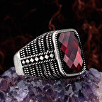 Kırmızı Zirkon Taşlı Faset Kesimli 925 Ayar Gümüş Erkek Yüzük