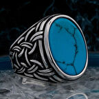 Mavi Turkuaz Taşlı Örgü Desenli 925 Ayar Gümüş Erkek Yüzük