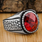 Oval Kırmızı Zirkon Taşlı Desenli 925 Ayar Gümüş Yüzük