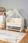 Ahşap Beşik Anne Yanı Beşik Beyaz 60x120 - Sarı Yıldız Tek Yastık Uyku Seti + Yatak