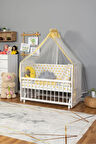 Ahşap Beşik Anne Yanı Beşik Beyaz 60x120 - Sarı Yıldız 3 Yastık Uyku Seti + Yatak