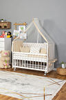 Ahşap Beşik Anne Yanı Beşik Beyaz 60x120 - Krem Nakış(Yazısız) Uyku Seti + Yatak + Tekerlekli