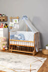 Ahşap Beşik Anne Yanı Beşik (Vernikli) 60x120 - Mavi Yıldız 3 Yastık Uyku Seti + Yatak