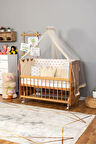 Ahşap Beşik Anne Yanı Beşik (Vernikli) 60x120 - Krem Nakış(Yazısız) Uyku Seti + Yatak + Tekerlekli