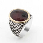 925 Ayar Gümüş Kırmızı Zirkon Taşlı Desenli Erkek Yüzük