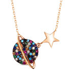 Galaksi Gezegen Tasarımlı Renkli Nano Taşlı Gümüş Kolye