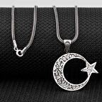 Kelimei Tevhid Yazılı Büyük Boy Ay Yıldız Tasarımlı 925 Ayar Gümüş Kolye