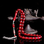 925 Ayar Gümüş Mineli Püsküllü Kırmızı Renk Ateş Kehribar Tesbih