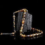 Çift Renk Gümüş Püsküllü Kapsül Kesim Fosilli Damla Kehribar Tesbih