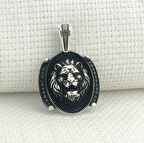 925 Ayar Gümüş Siyah Taşlı Aslan Figürlü Kolye Ucu