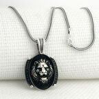 925 Ayar Gümüş Siyah Taşlı Aslan Figürlü Kolye