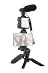 Tripod Telefon Tutucu Kumandalı Mikrofon Led Işık Vlog Video Kayıt