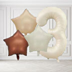 3 Yaş Retro Krem Bej Kahverengi Yıldız Folyo Balon Seti Krem Rakamlı Doğum Günü Şık Parti Süsleme