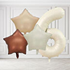 6 Yaş Retro Krem Bej Kahverengi Yıldız Folyo Balon Seti Krem Rakamlı Doğum Günü Şık Parti Süsleme